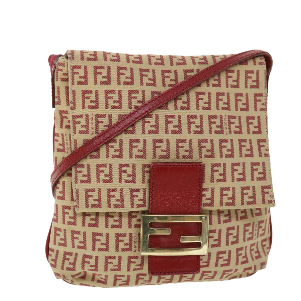 FENDI Zucchino Canvas Mamma Baguette Shoulder Bag Beige Red Auth 52738