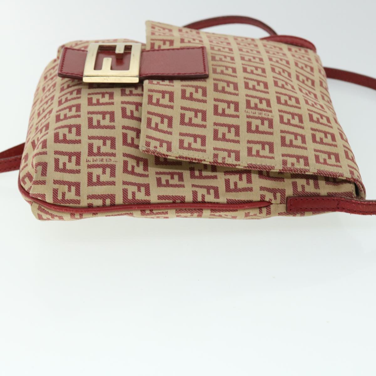 FENDI Zucchino Canvas Mamma Baguette Shoulder Bag Beige Red Auth 52738