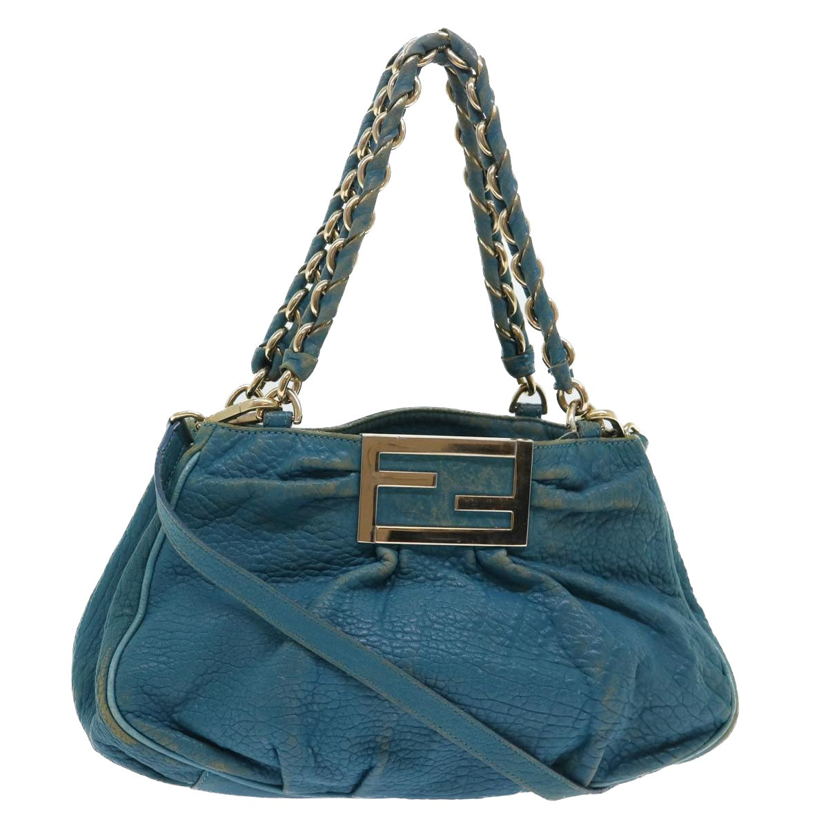 FENDI Chain Shoulder Bag Leather 2way Turquoise Blue Auth 52739