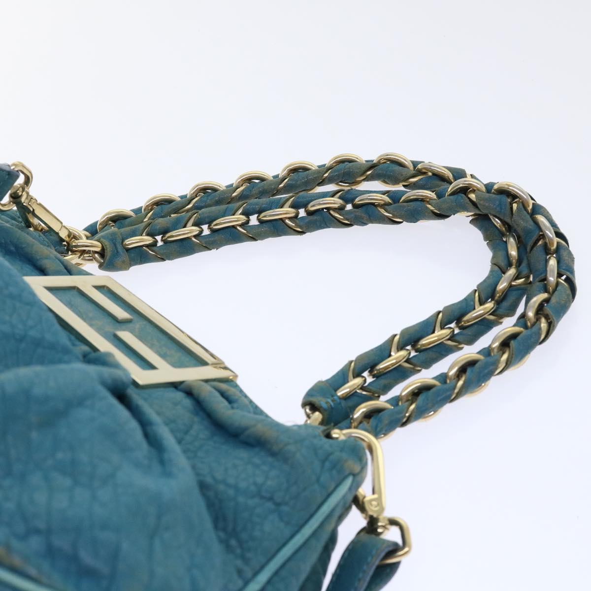 FENDI Chain Shoulder Bag Leather 2way Turquoise Blue Auth 52739