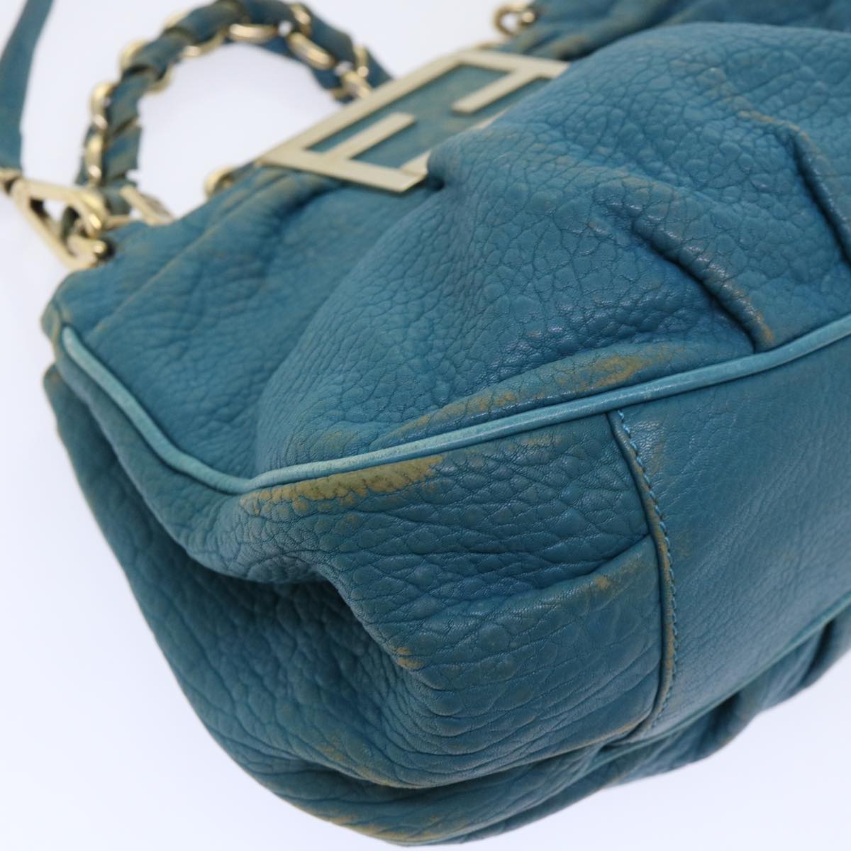 FENDI Chain Shoulder Bag Leather 2way Turquoise Blue Auth 52739