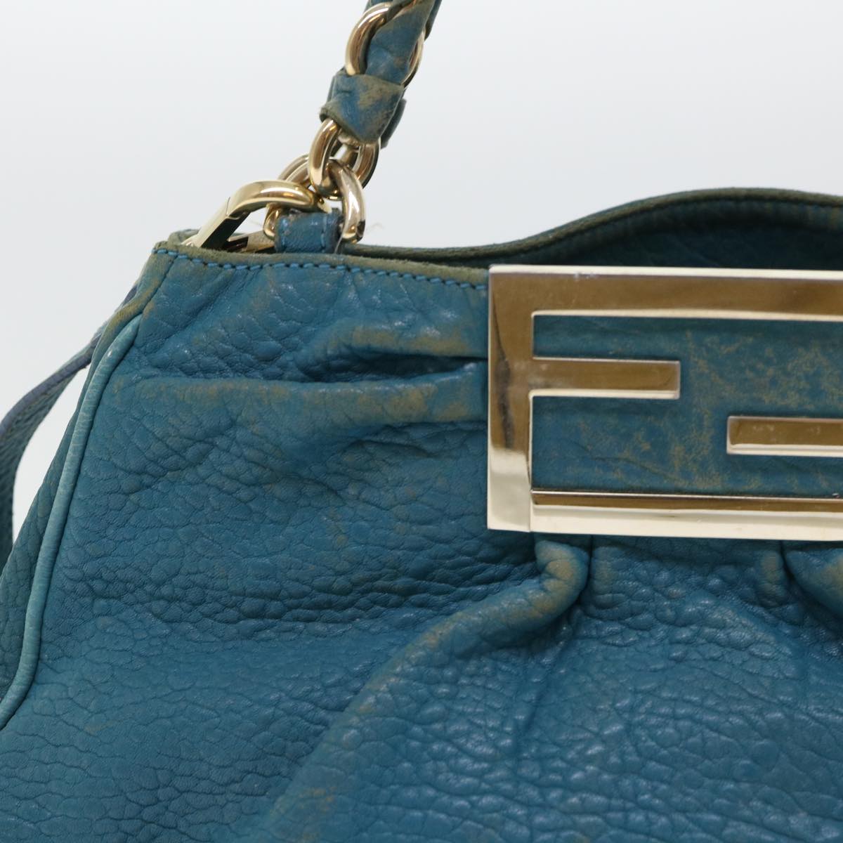 FENDI Chain Shoulder Bag Leather 2way Turquoise Blue Auth 52739