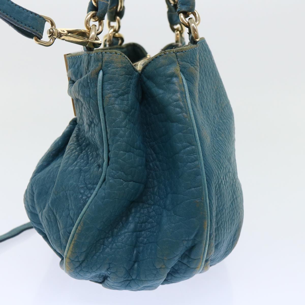 FENDI Chain Shoulder Bag Leather 2way Turquoise Blue Auth 52739