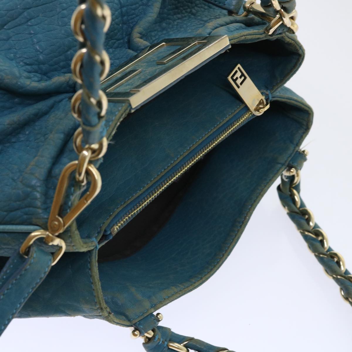 FENDI Chain Shoulder Bag Leather 2way Turquoise Blue Auth 52739