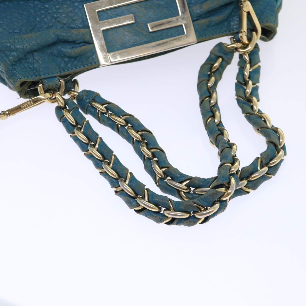 FENDI Chain Shoulder Bag Leather 2way Turquoise Blue Auth 52739