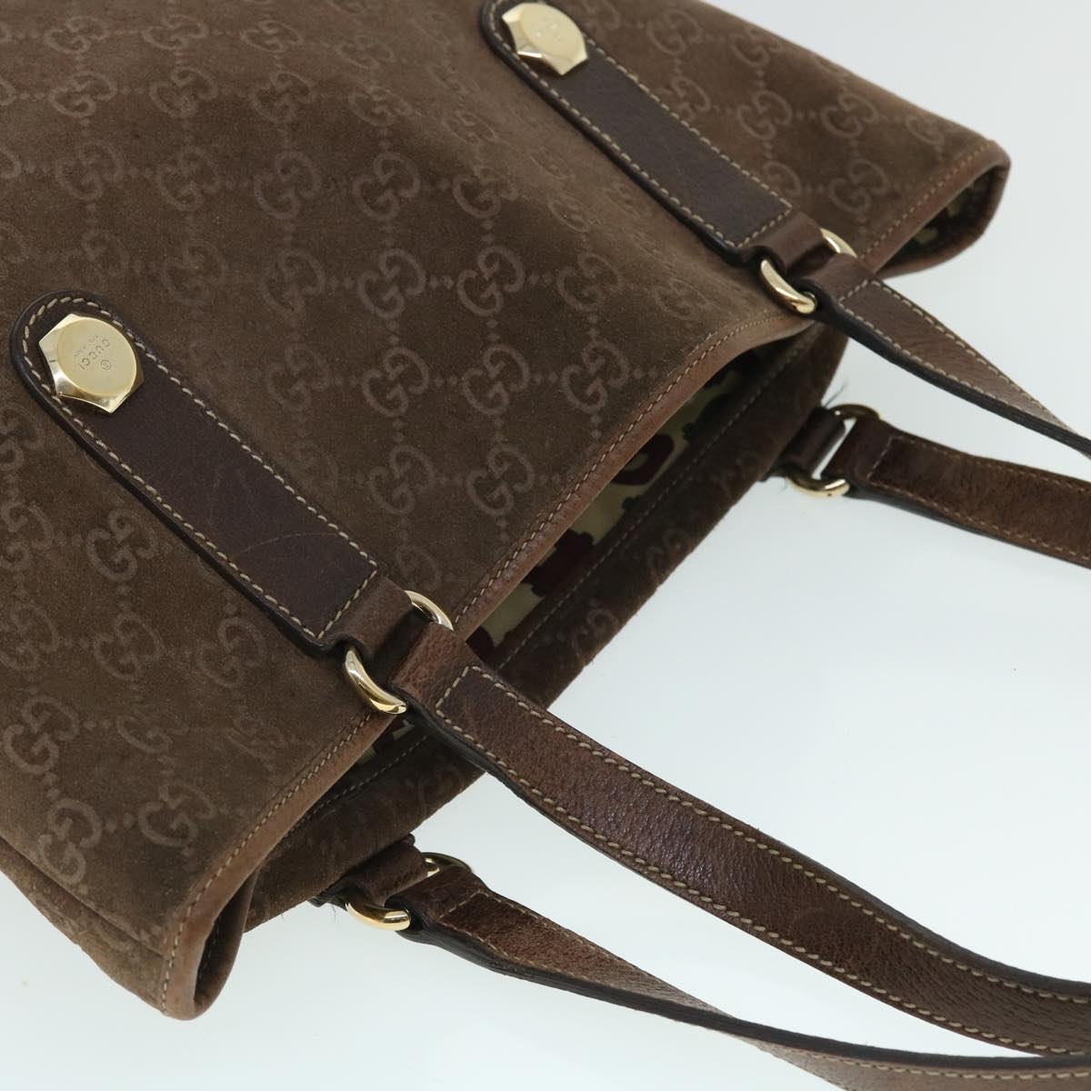 GUCCI GG Canvas Tote Bag Suede Brown Auth 52749