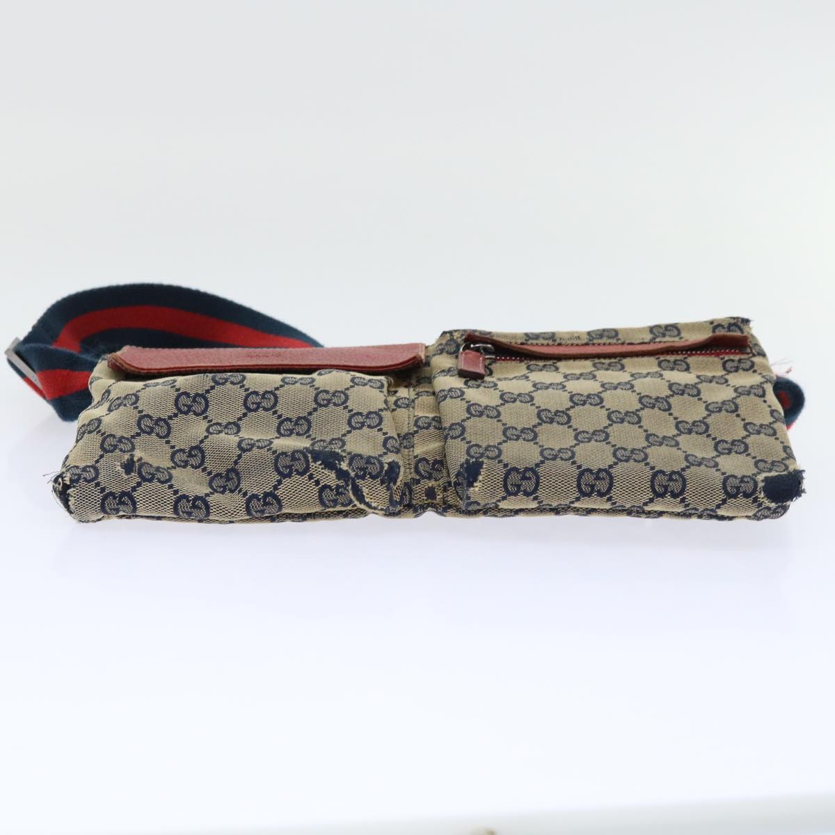 GUCCI GG Canvas Sherry Line Waist bag Leather Beige Red Navy 28566 Auth 52752