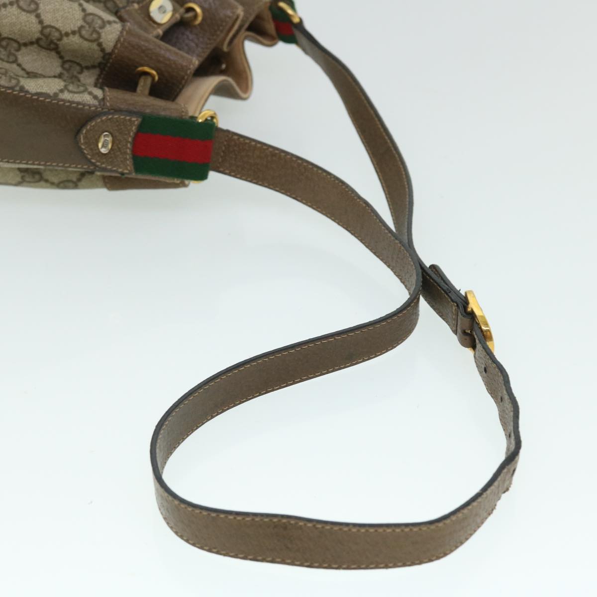 GUCCI GG Canvas Web Sherry Line Shoulder Bag PVC Leather Beige Green Auth 52761