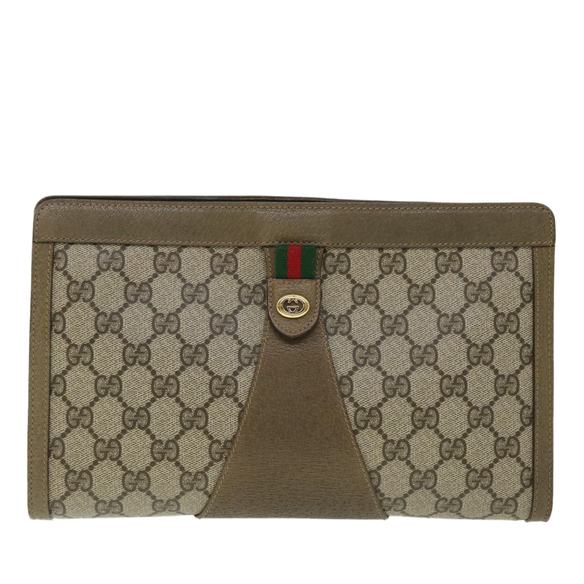 GUCCI GG Canvas Web Sherry Line Clutch Bag PVC Leather Beige Green Auth 52762