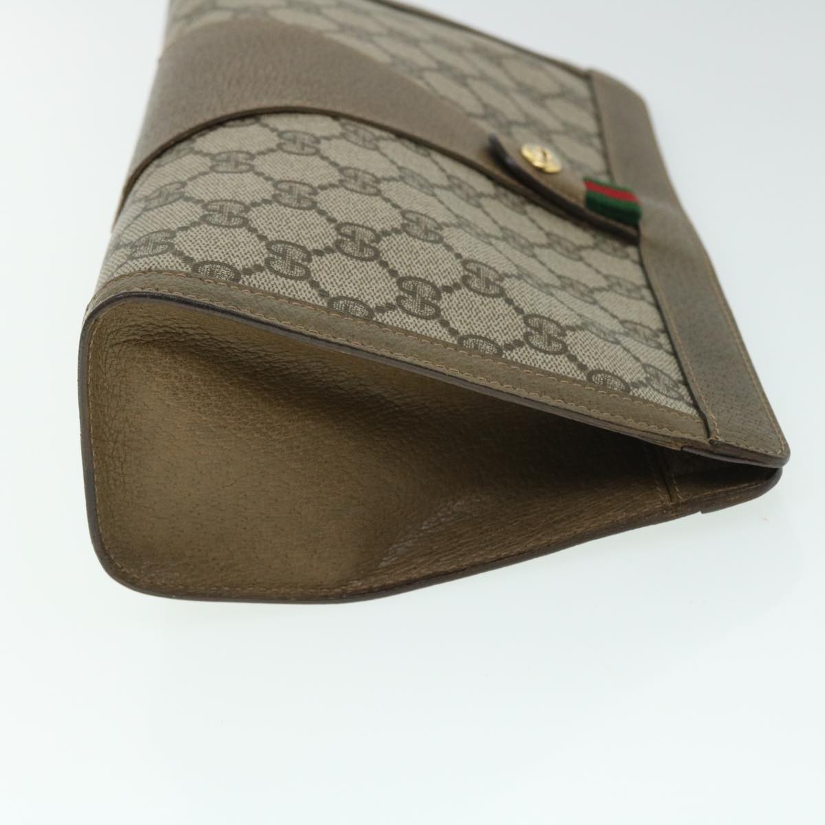 GUCCI GG Canvas Web Sherry Line Clutch Bag PVC Leather Beige Green Auth 52762