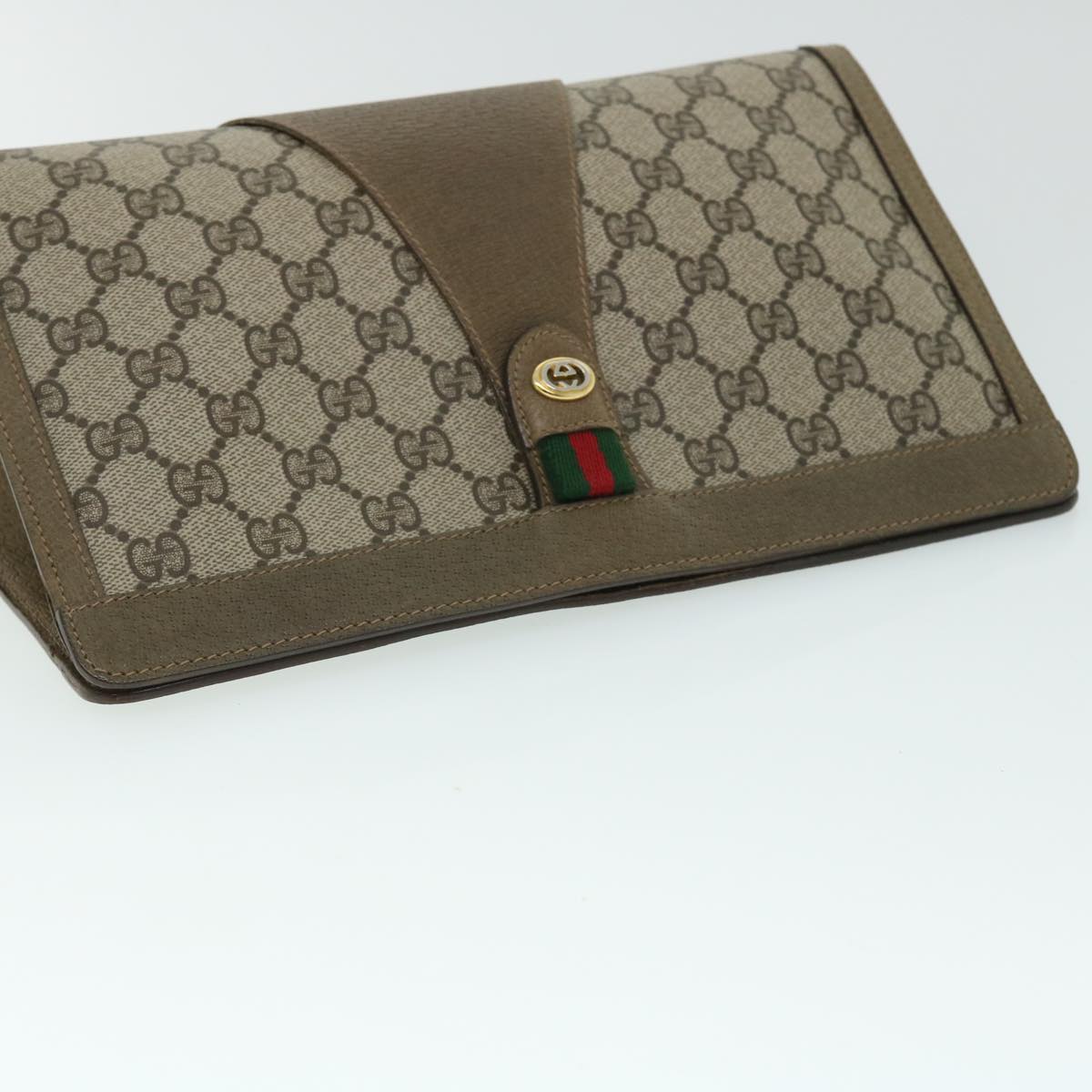 GUCCI GG Canvas Web Sherry Line Clutch Bag PVC Leather Beige Green Auth 52762