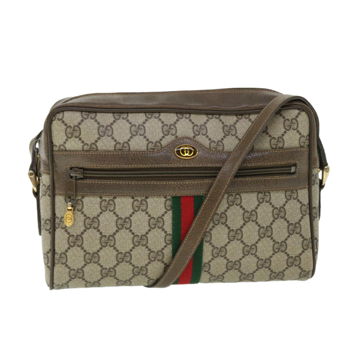 GUCCI GG Canvas Web Sherry Line Shoulder Bag PVC Leather Beige Green Auth 52918