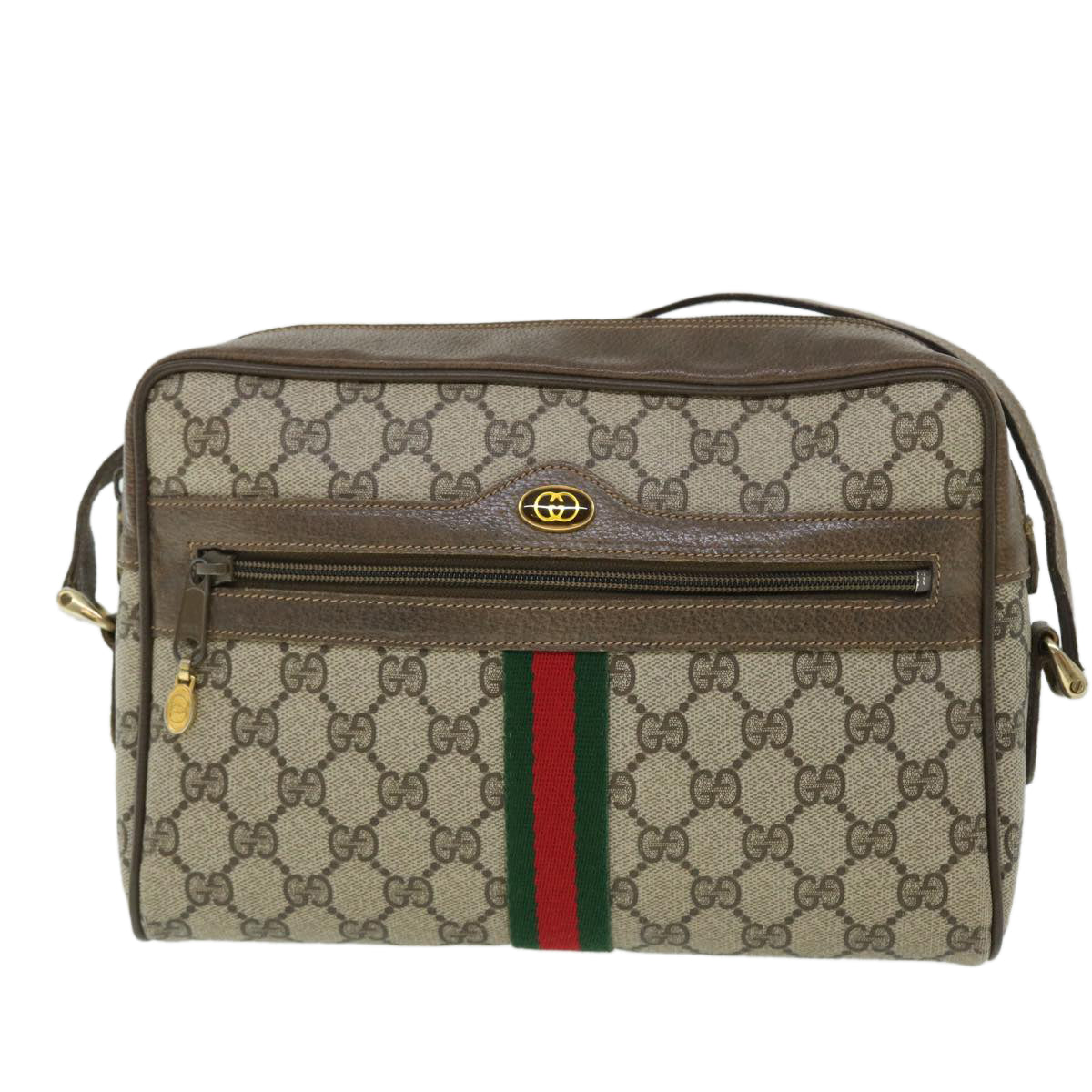 GUCCI GG Canvas Web Sherry Line Shoulder Bag PVC Leather Beige Green Auth 52918