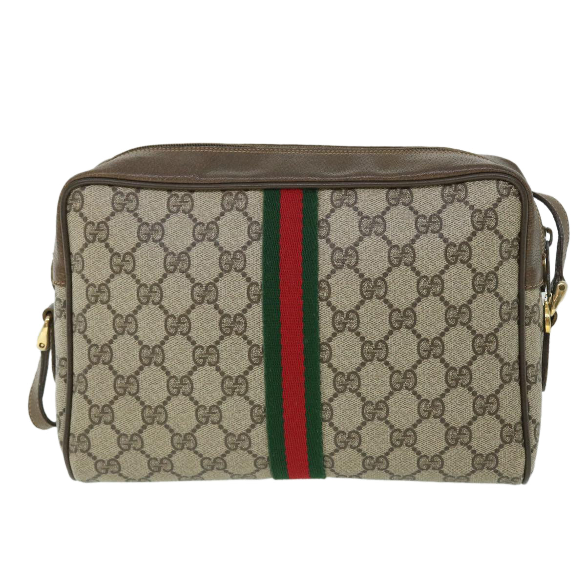 GUCCI GG Canvas Web Sherry Line Shoulder Bag PVC Leather Beige Green Auth 52918 - 0