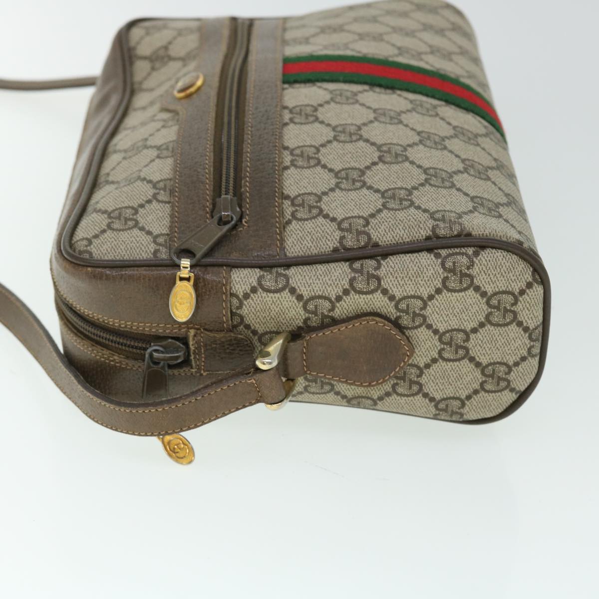 GUCCI GG Canvas Web Sherry Line Shoulder Bag PVC Leather Beige Green Auth 52918