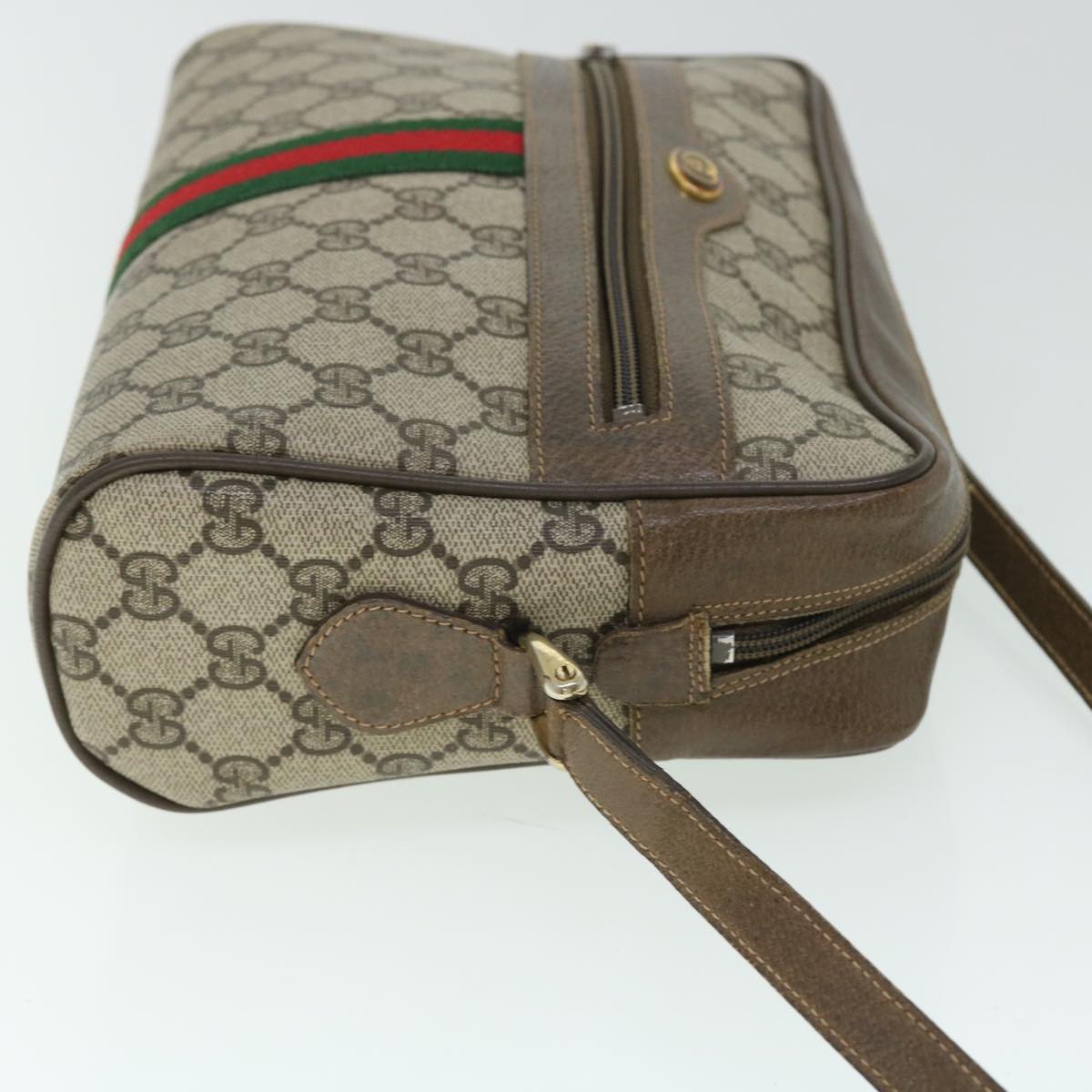 GUCCI GG Canvas Web Sherry Line Shoulder Bag PVC Leather Beige Green Auth 52918