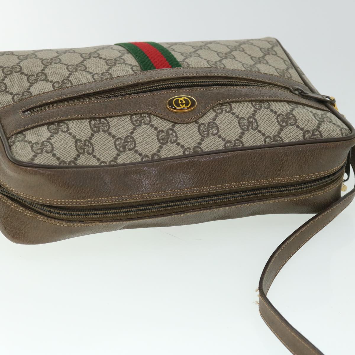 GUCCI GG Canvas Web Sherry Line Shoulder Bag PVC Leather Beige Green Auth 52918