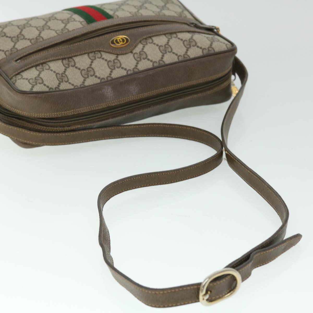 GUCCI GG Canvas Web Sherry Line Shoulder Bag PVC Leather Beige Green Auth 52918