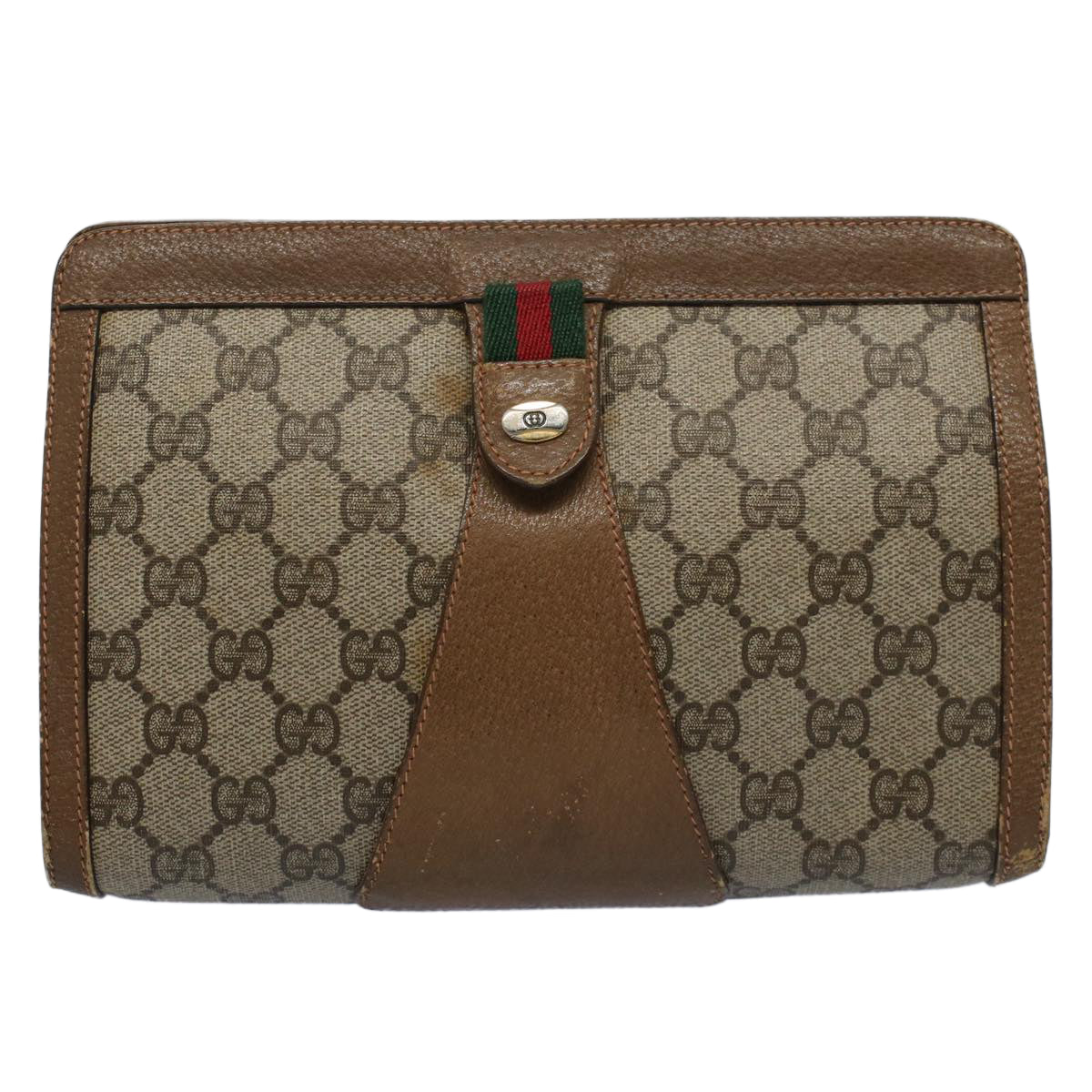 GUCCI GG Supreme Web Sherry Line Clutch Bag Beige Red Green 89 01 032 Auth 53008