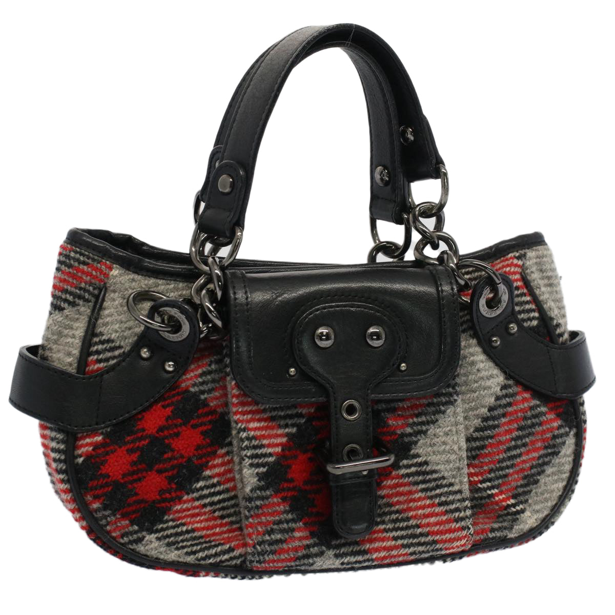 BURBERRY Nova Check Blue Label Hand Bag Wool Gray Auth 53009