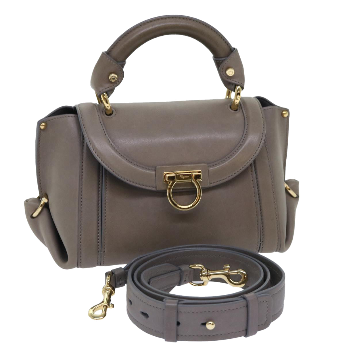 Salvatore Ferragamo Gancini Sofia Hand Bag Leather 2way Beige Auth 53010