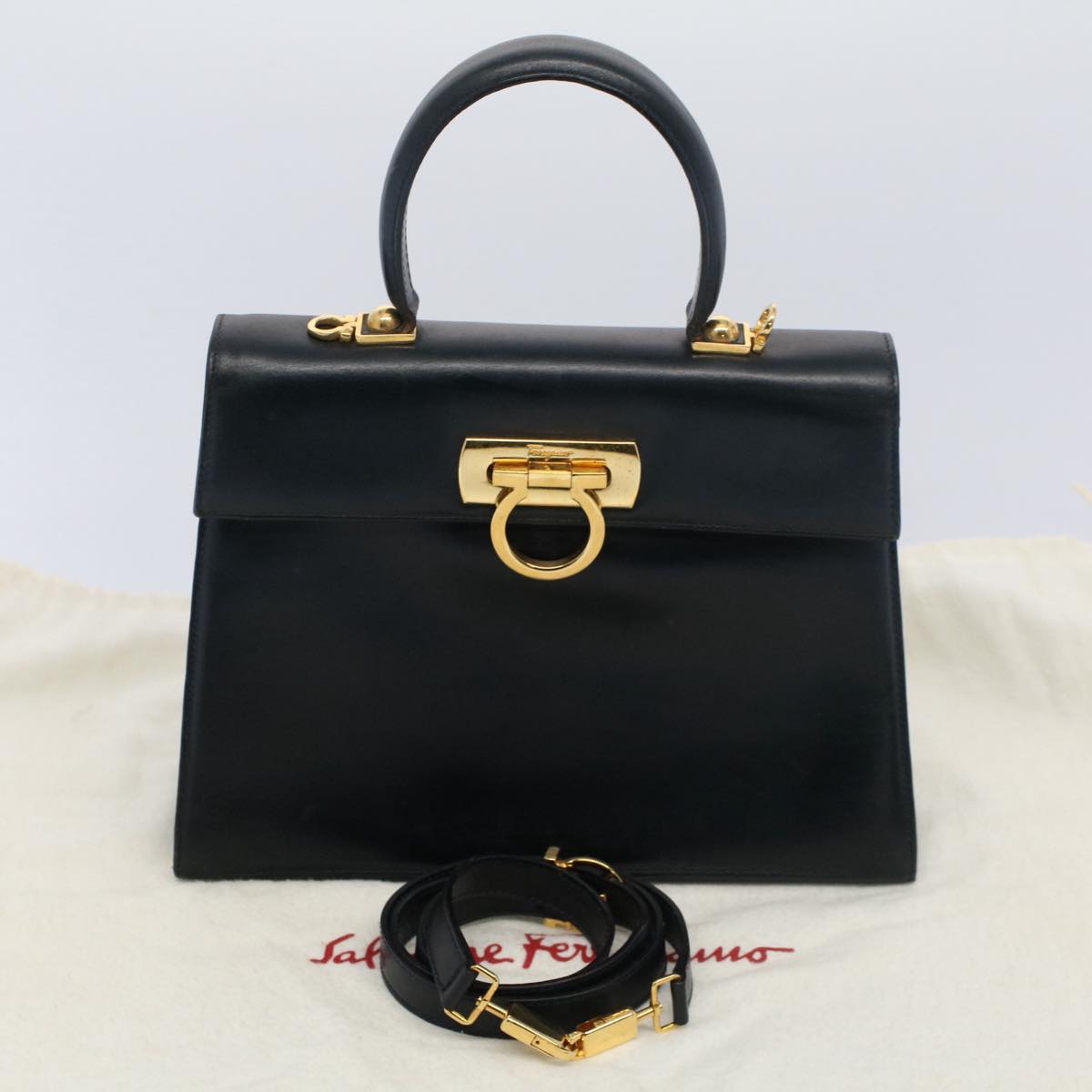 Salvatore Ferragamo Gancini Hand Bag Leather 2way Black Auth 53074