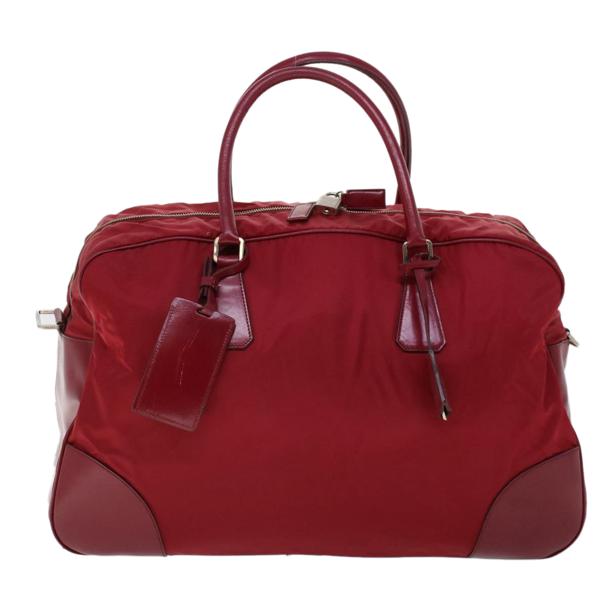 PRADA Boston Bag Nylon Leather Red Auth 53253