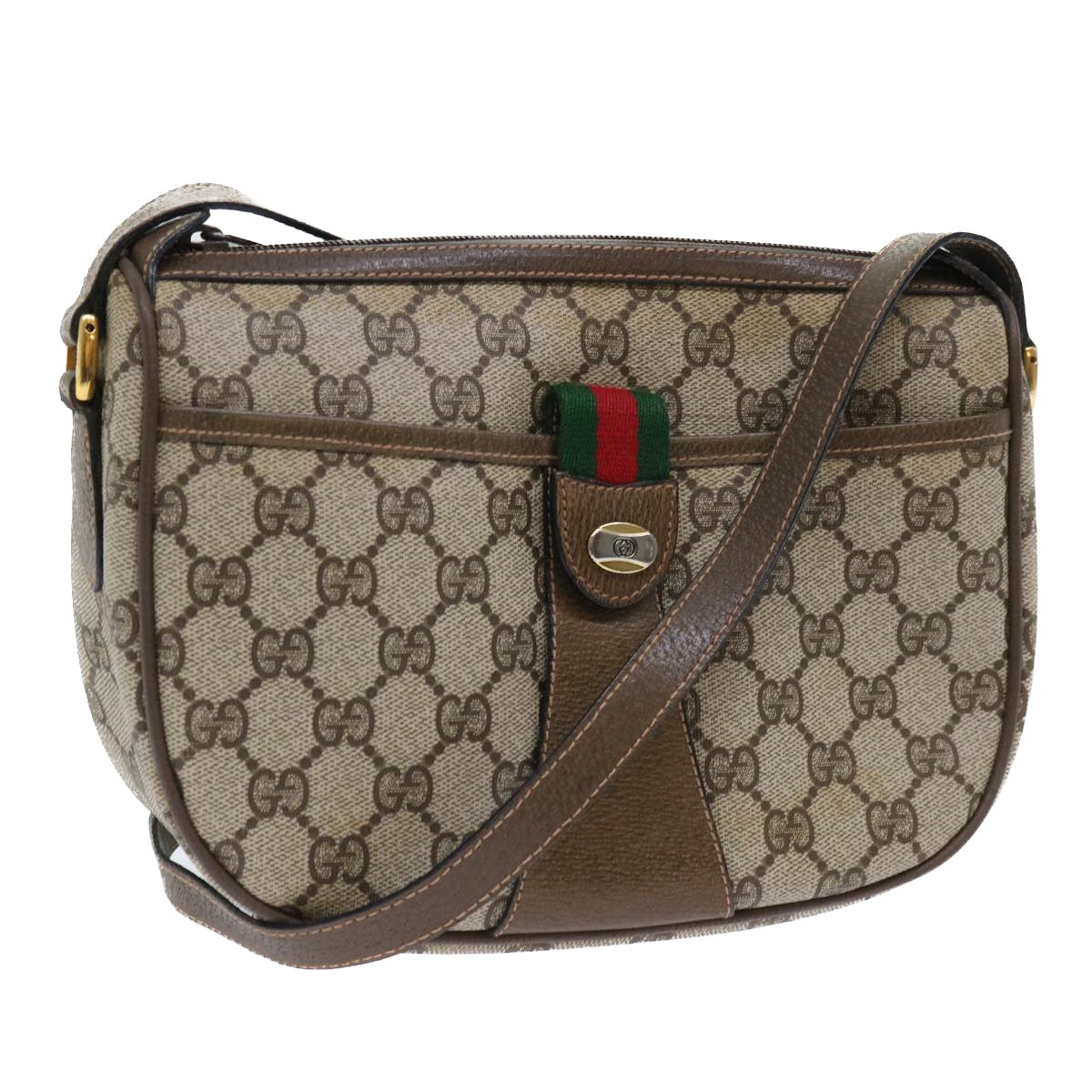 GUCCI GG Canvas Web Sherry Line Shoulder Bag PVC Leather Beige Green Auth 53255