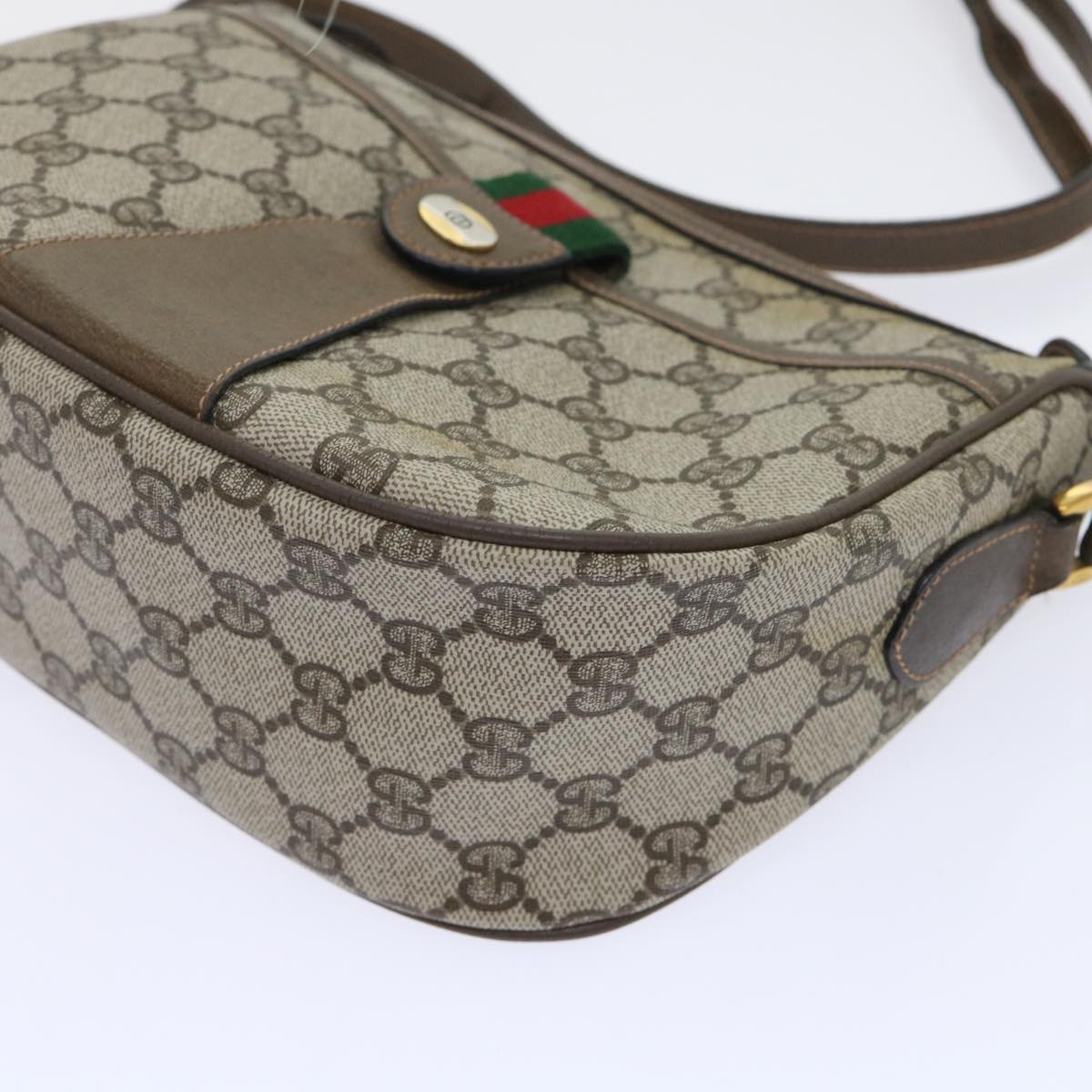 GUCCI GG Canvas Web Sherry Line Shoulder Bag PVC Leather Beige Green Auth 53255