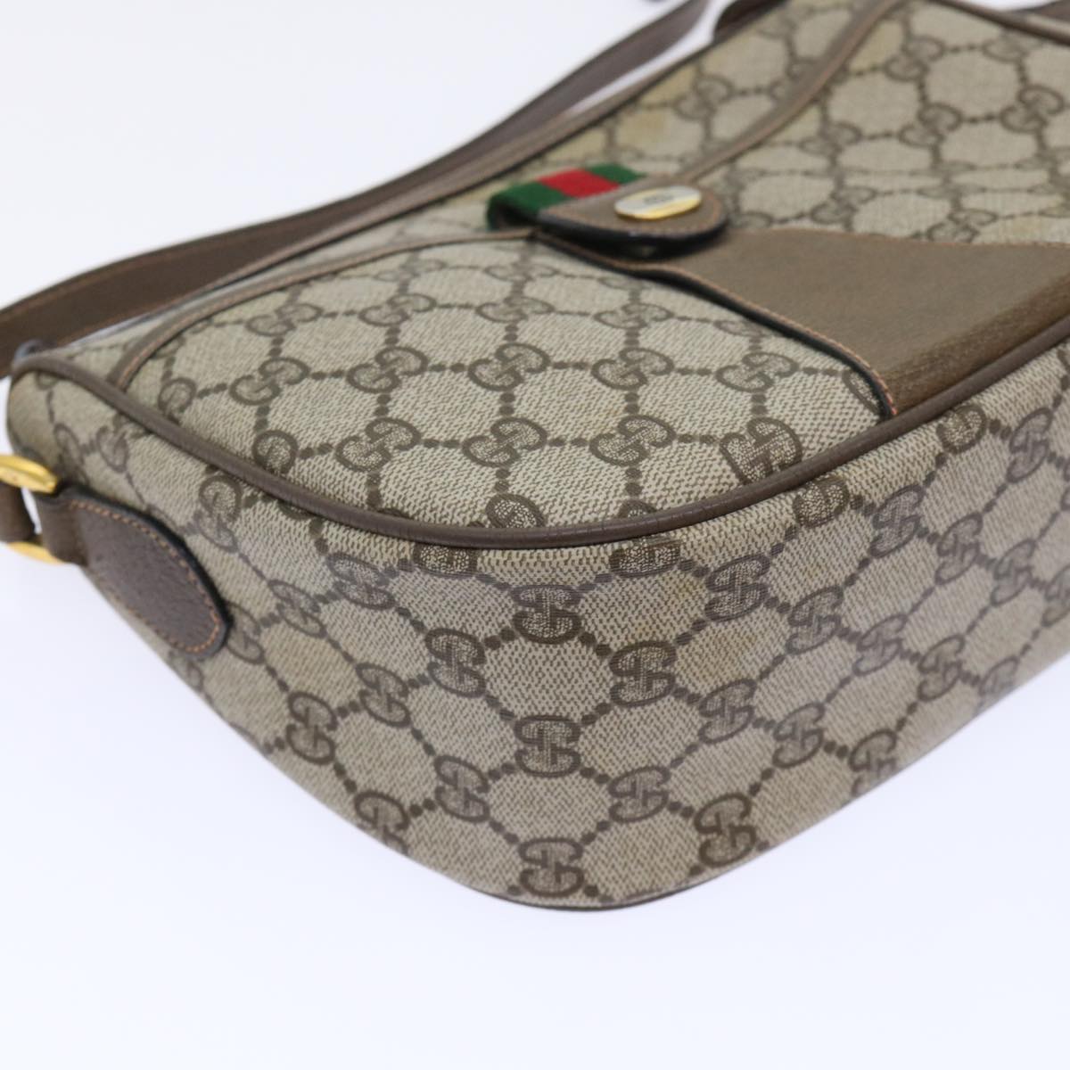 GUCCI GG Canvas Web Sherry Line Shoulder Bag PVC Leather Beige Green Auth 53255