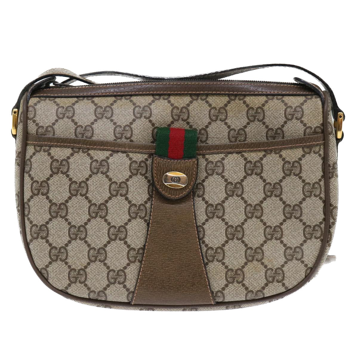 GUCCI GG Canvas Web Sherry Line Shoulder Bag PVC Leather Beige Green Auth 53255