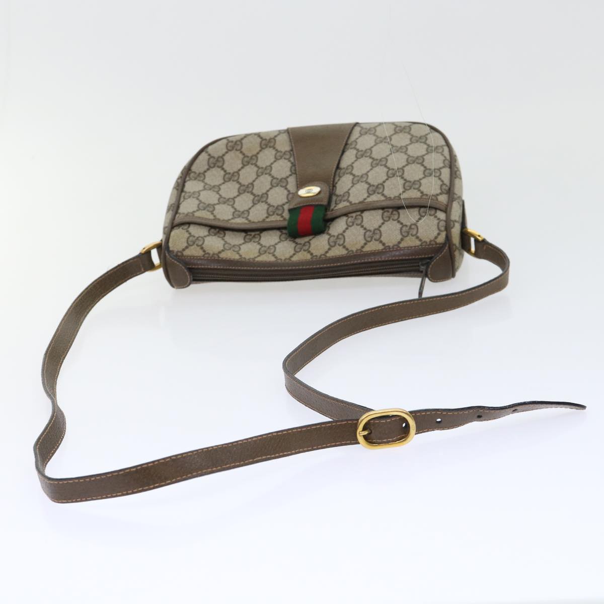 GUCCI GG Canvas Web Sherry Line Shoulder Bag PVC Leather Beige Green Auth 53255