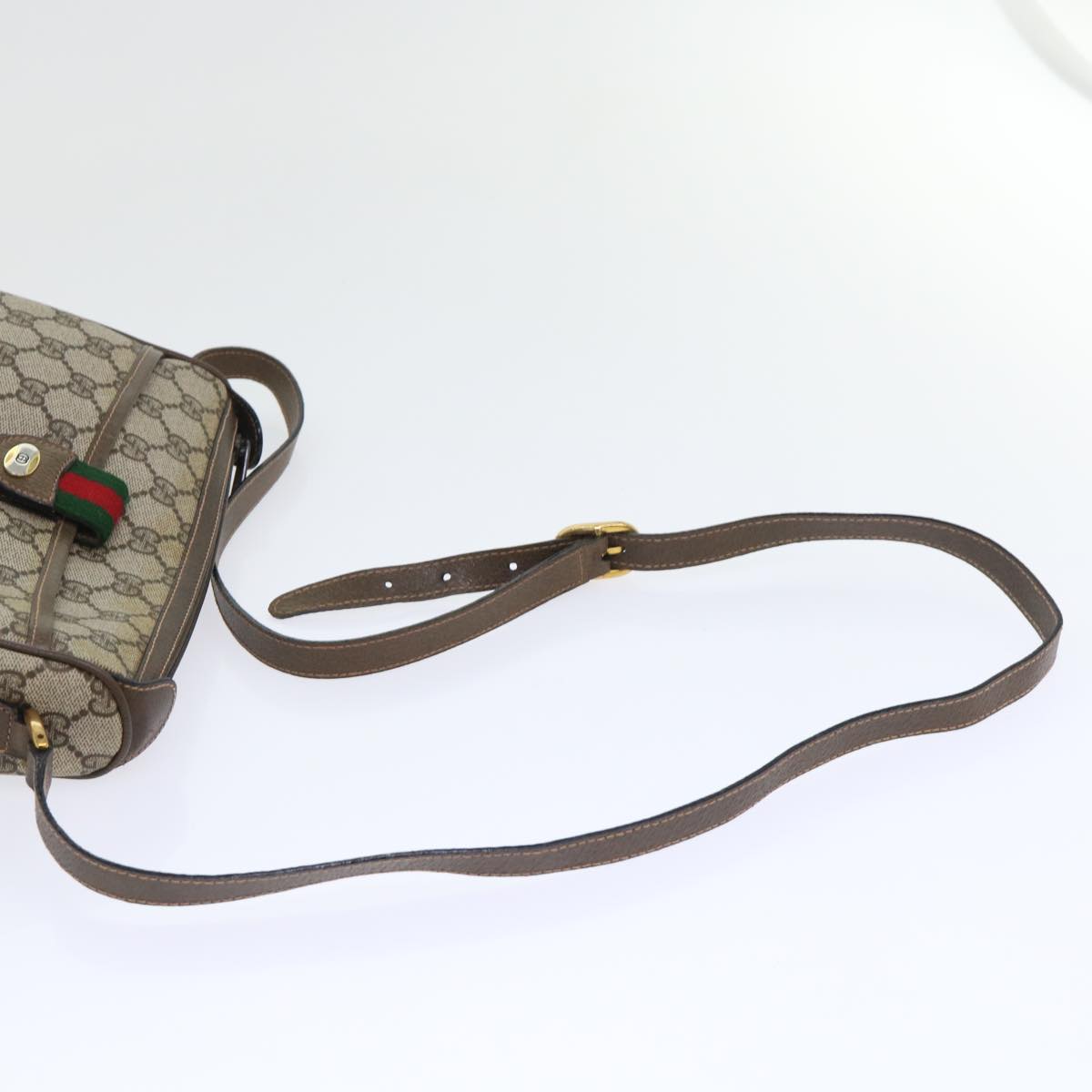 GUCCI GG Canvas Web Sherry Line Shoulder Bag PVC Leather Beige Green Auth 53255