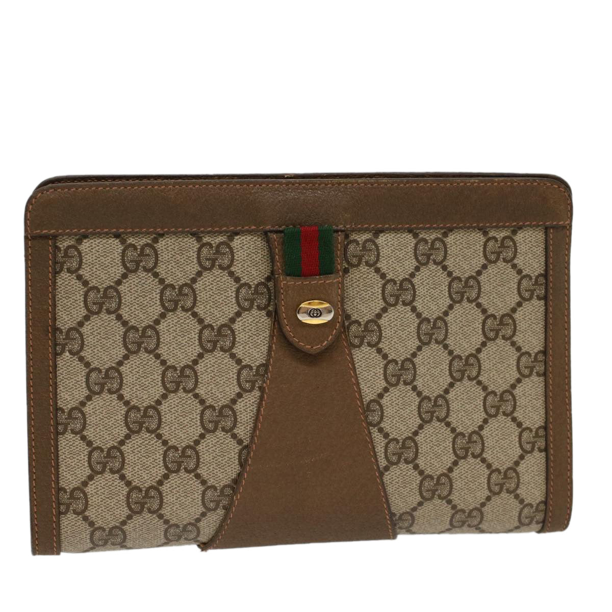 GUCCI GG Canvas Web Sherry Line Clutch Bag PVC Leather Beige Green Auth 53256