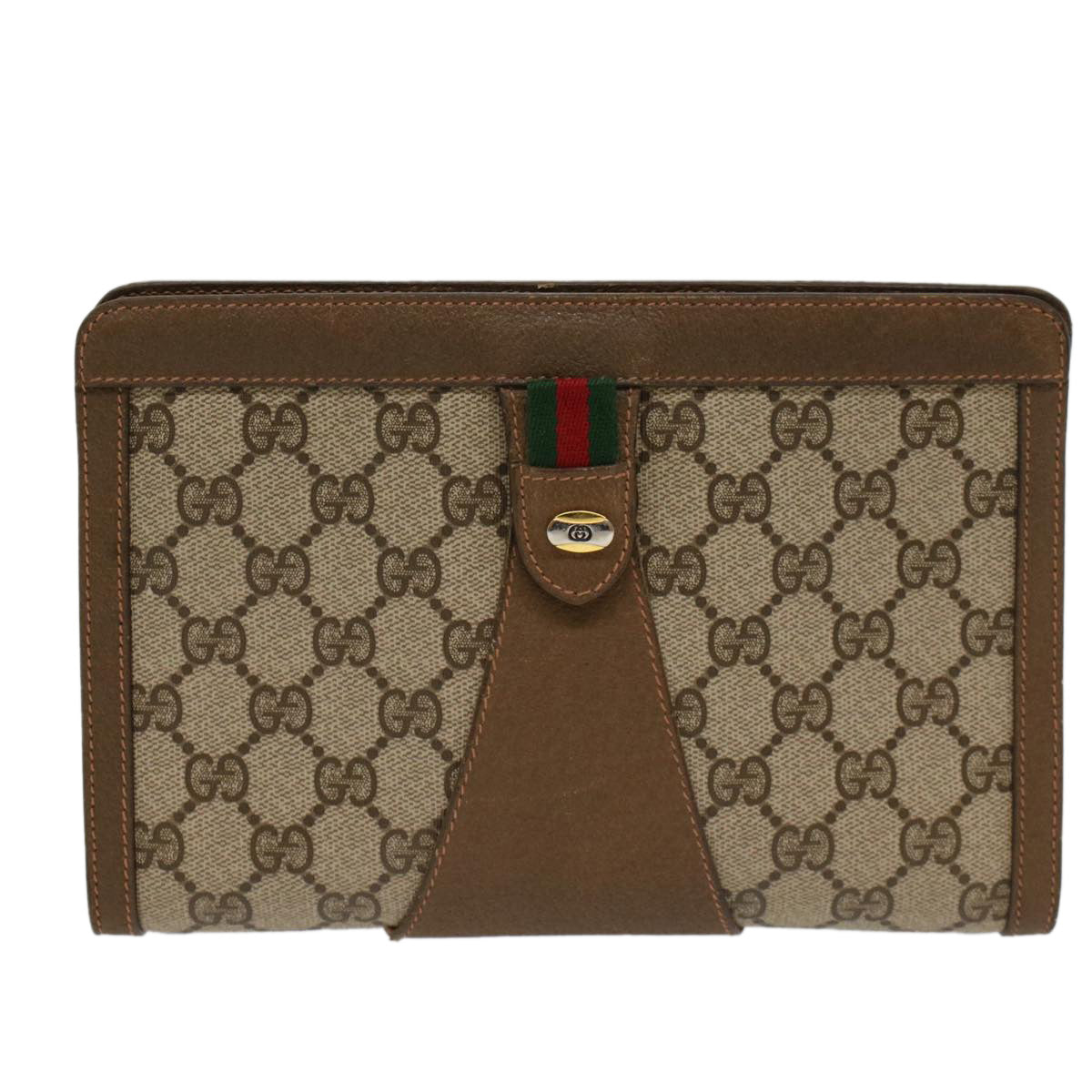 GUCCI GG Canvas Web Sherry Line Clutch Bag PVC Leather Beige Green Auth 53256