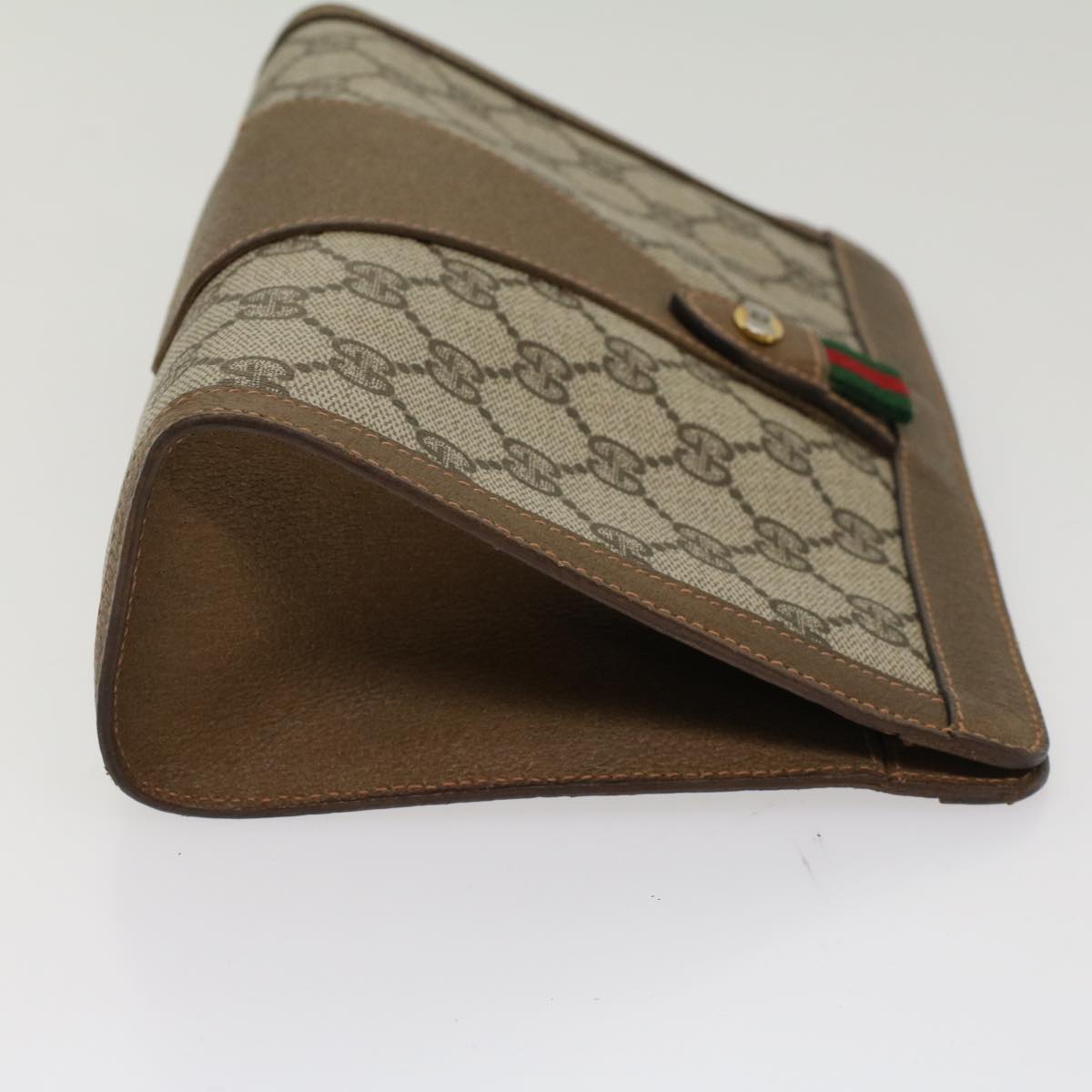 GUCCI GG Canvas Web Sherry Line Clutch Bag PVC Leather Beige Green Auth 53256