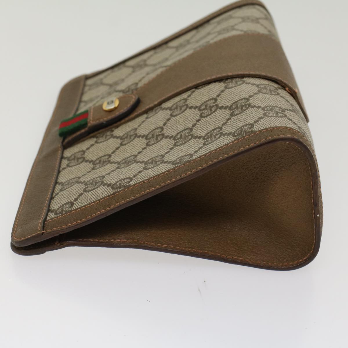 GUCCI GG Canvas Web Sherry Line Clutch Bag PVC Leather Beige Green Auth 53256