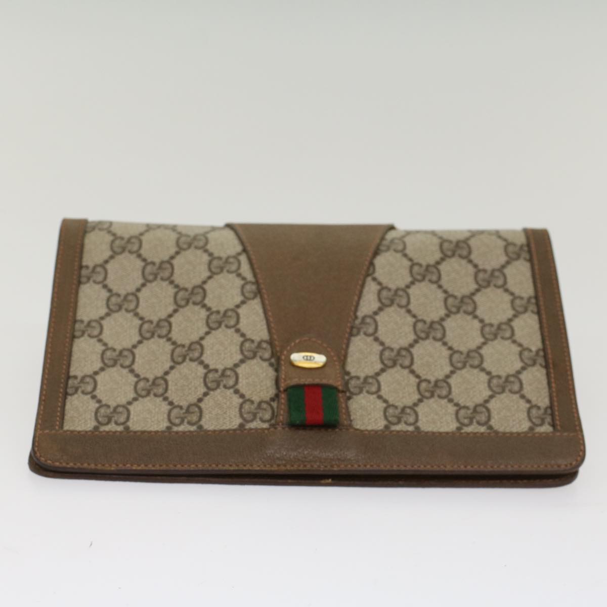 GUCCI GG Canvas Web Sherry Line Clutch Bag PVC Leather Beige Green Auth 53256