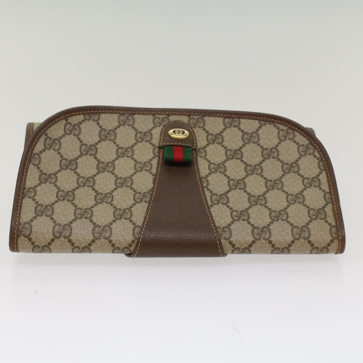 GUCCI GG Canvas Web Sherry Line Clutch Bag PVC Leather Beige Green Auth 53257