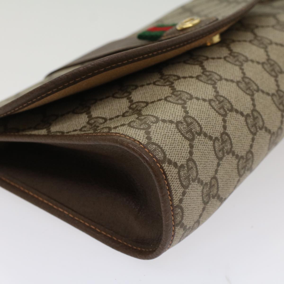 GUCCI GG Canvas Web Sherry Line Clutch Bag PVC Leather Beige Green Auth 53257