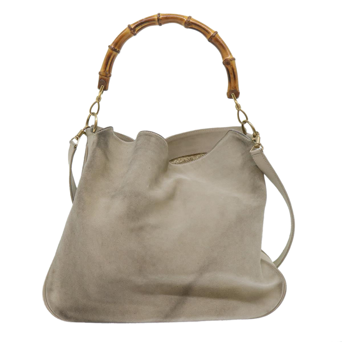 GUCCI Bamboo Shoulder Bag Suede 2way Beige Auth 53270 - 0