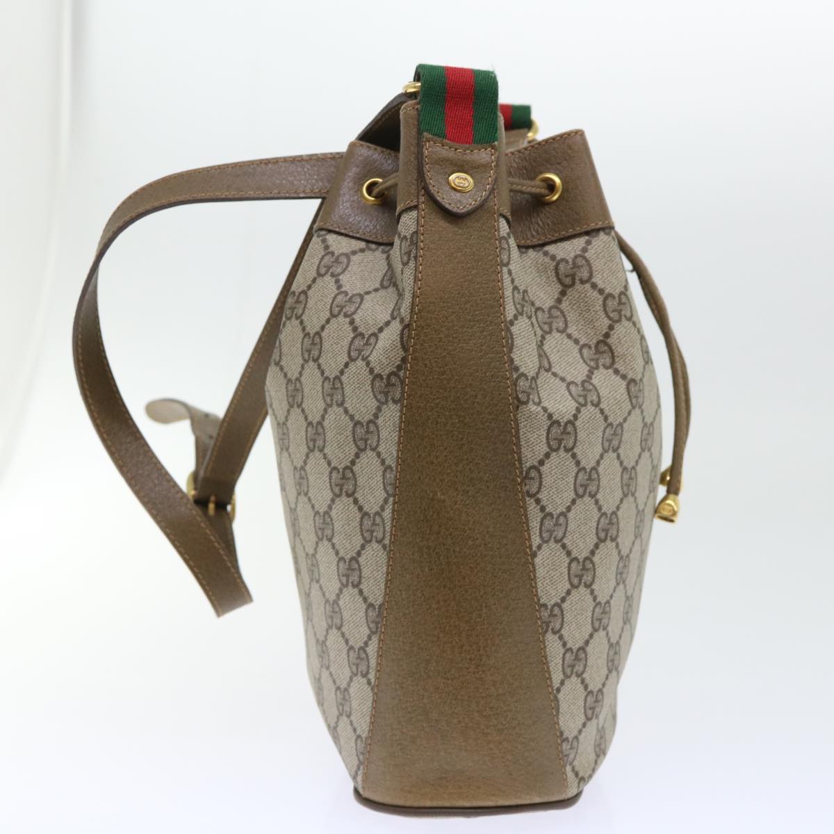 GUCCI GG Canvas Web Sherry Line Shoulder Bag PVC Leather Beige Green Auth 53271