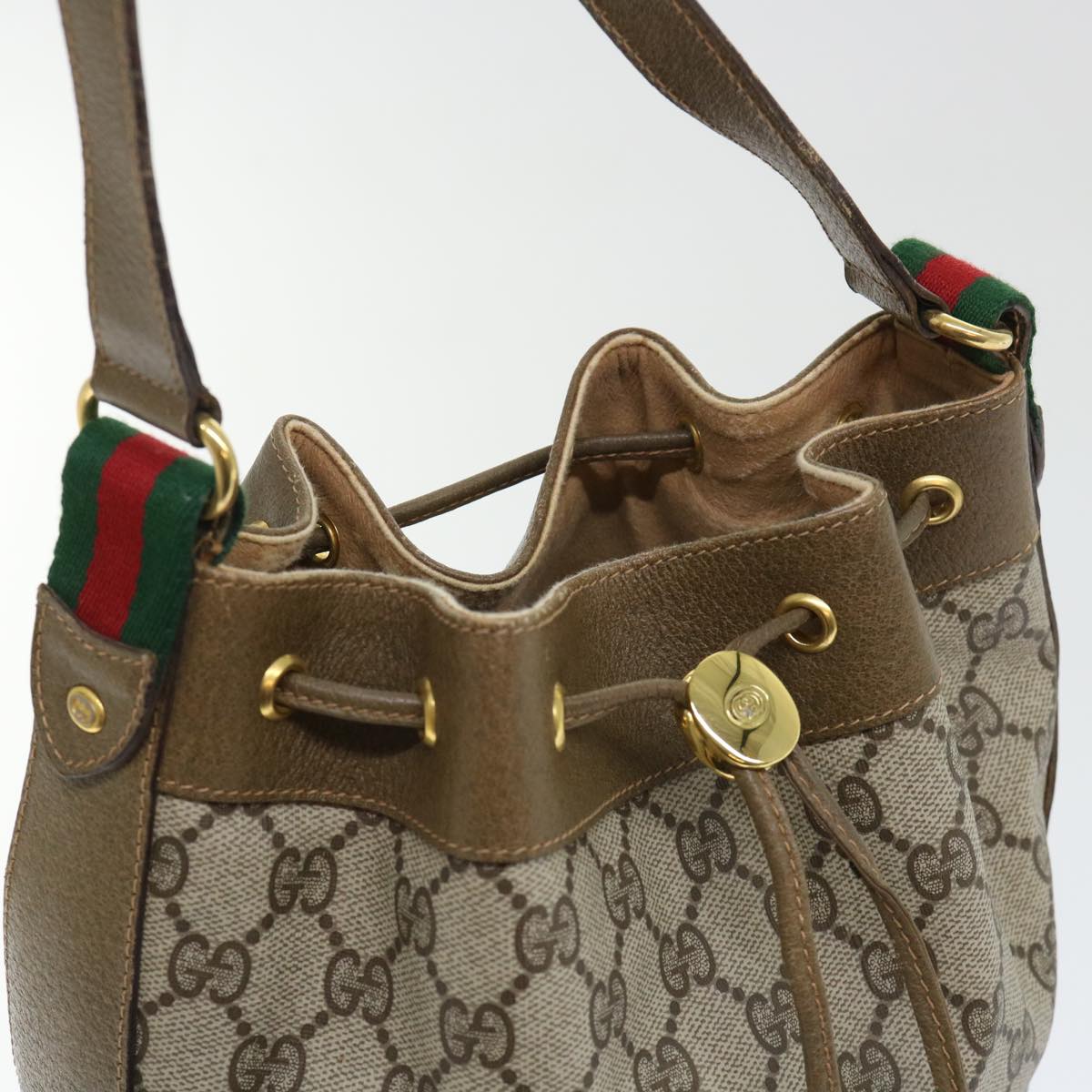 GUCCI GG Canvas Web Sherry Line Shoulder Bag PVC Leather Beige Green Auth 53271