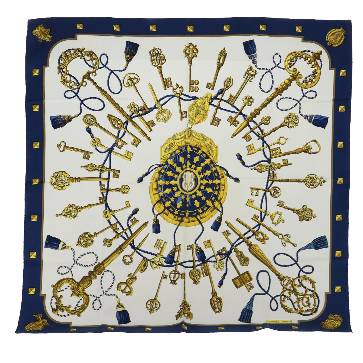 HERMES Carre 90 LES CLES Scarf Silk Navy White Auth 53285