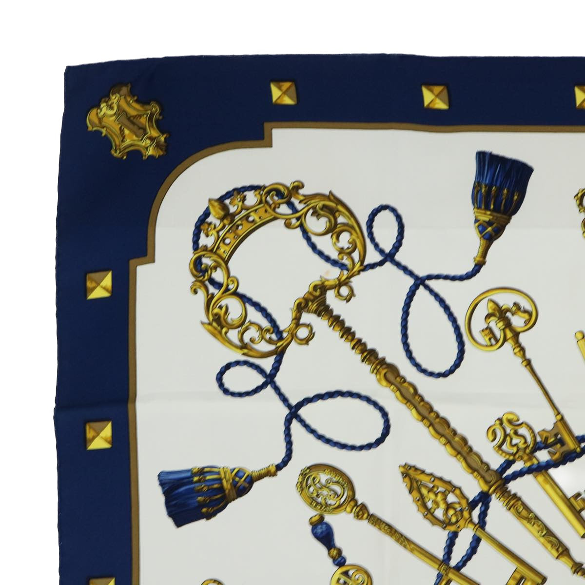 HERMES Carre 90 LES CLES Scarf Silk Navy White Auth 53285 - 0