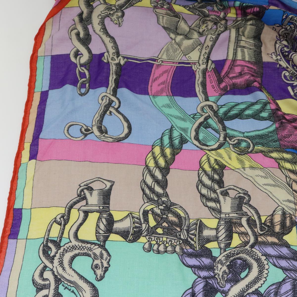HERMES Carre 140 DELLA CAVALLERIA Scarf Silk Wool Purple Multicolor Auth 53290