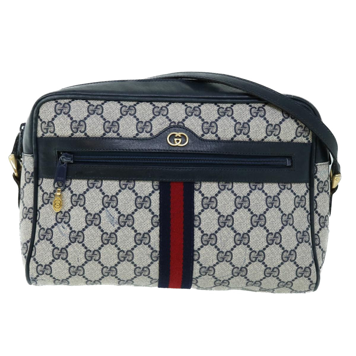 GUCCI GG Canvas Sherry Line Shoulder Bag PVC Leather Gray Red Navy Auth 53343