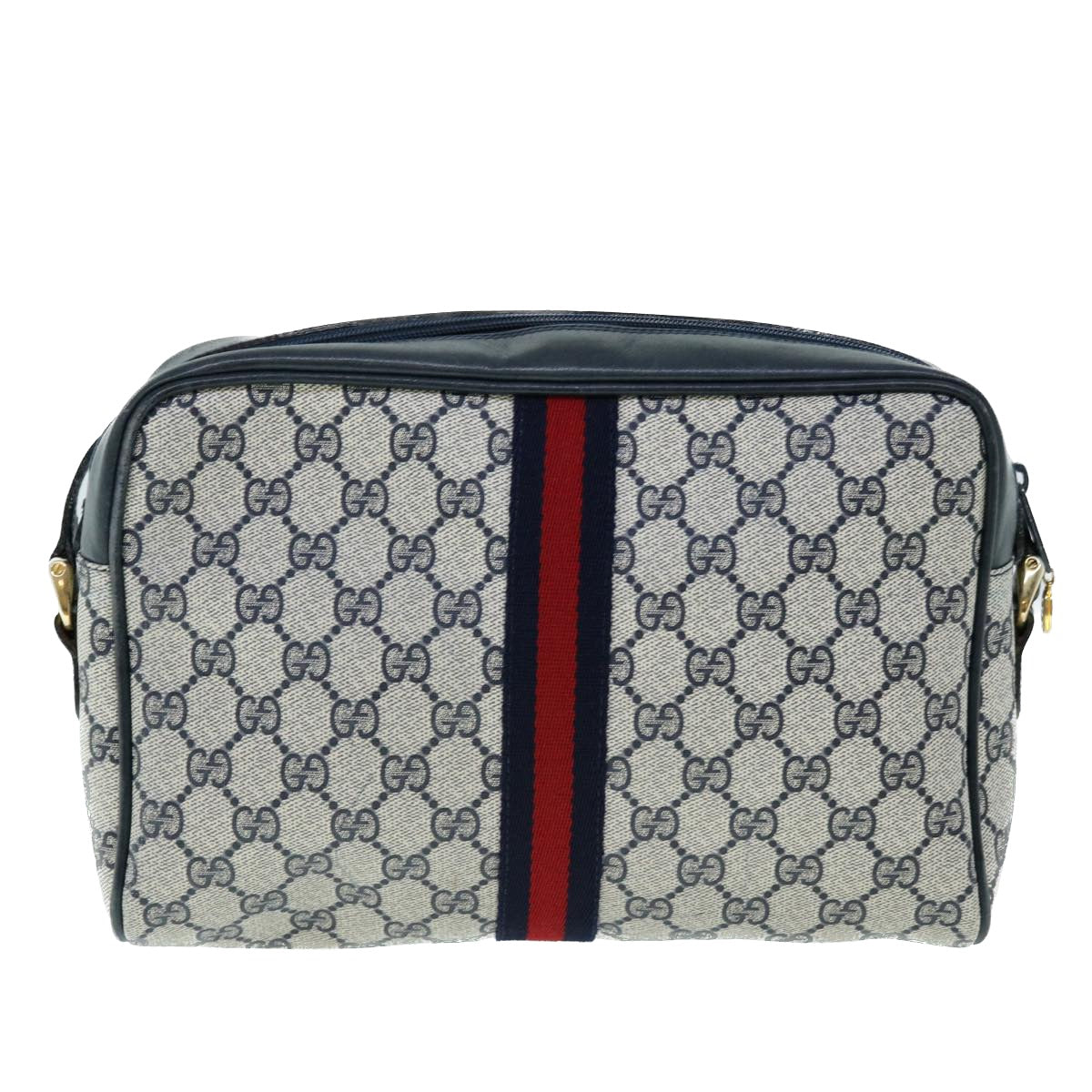 GUCCI GG Canvas Sherry Line Shoulder Bag PVC Leather Gray Red Navy Auth 53343