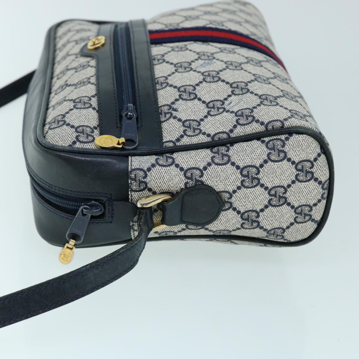 GUCCI GG Canvas Sherry Line Shoulder Bag PVC Leather Gray Red Navy Auth 53343