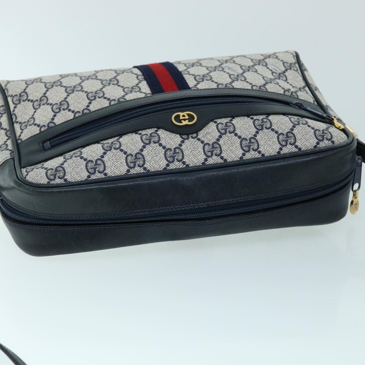 GUCCI GG Canvas Sherry Line Shoulder Bag PVC Leather Gray Red Navy Auth 53343